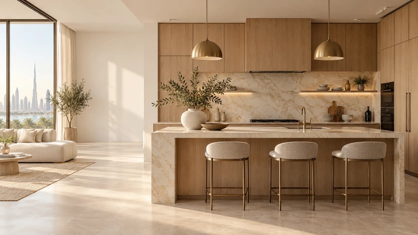 Illustrative fitted kitchen cabinetry with pale finishes and organised storage