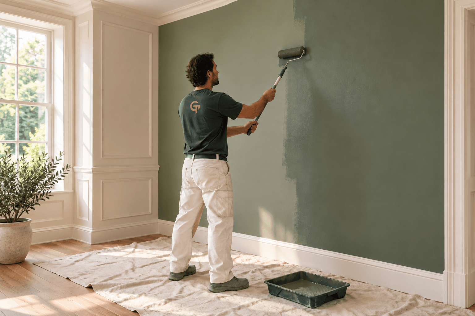 AI illustration of a painter applying sage paint in an ivory interior