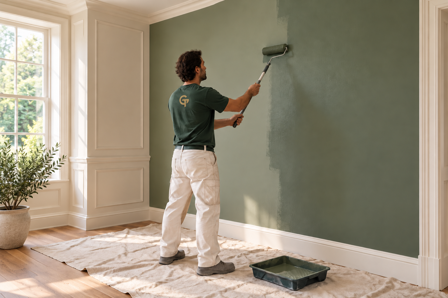 AI illustration of a painter applying sage paint in an ivory interior