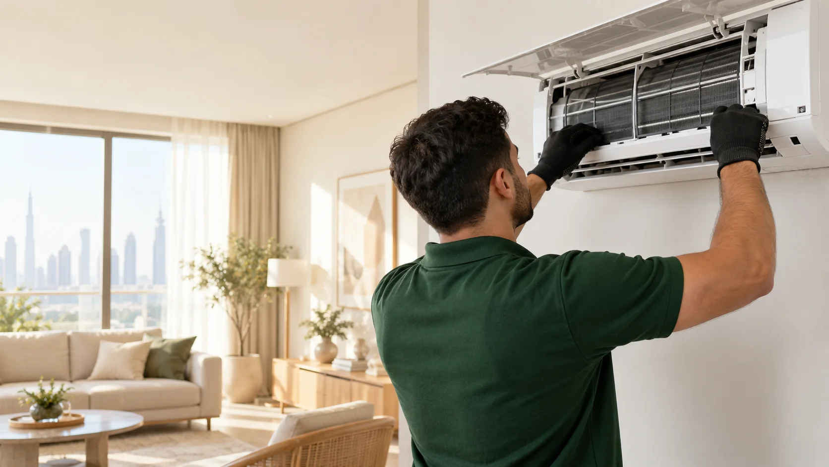 Illustrative technician inspecting a split AC unit
